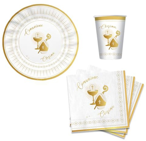 Kit coordinato tavolo PRIMA COMUNIONE e CRESIMA - Calice con Ostia e Cappello e Bastone del Vescovo - Bianco e Oro lucido - decoro buffet feste MONOUSO - 12 piatti + 12 Bicchieri + 16 tovaglioli