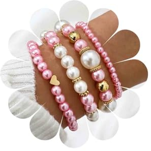 Inateannal Stapelbares Perlenarmband Perlen Stretch Elastisches Armband Set Weiß Perlen Stapelbar Armbänder Perle Herz Kugel Handkette Mehrlagig Armreif Braut Hochzeit Schmuck