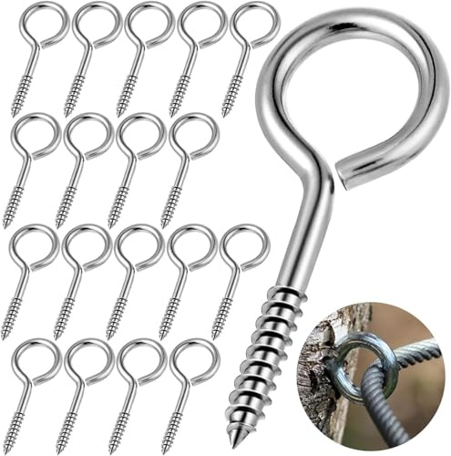 SANTUO 18Pcs Screw in Hooks 2.5 Inches 200 Lbs Capacity Rust and Corrosion Resistant Heavy Duty Stainless Steel Eye Hooks for Securing Cables Hanging Lights Indoor Outdoor Use