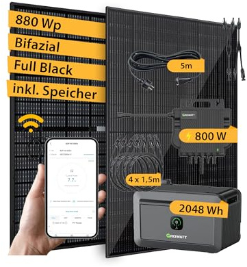 VALE Balkonkraftwerk Bifazial 880 Wp Full Black - Growatt Neo 800M-X Wechselrichter - Growatt Noah 2.048 Wh - Solarpanel Set mit Speicher - 5m AC-Kabel