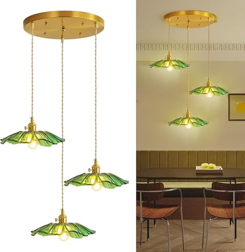 AroimRex Pendelleuchte Kücheninsel Glas Hängeleuchte Blumenlicht Kronleuchter Moderne Beleuchtung für Schlafzimmer Küche Flur Badezimmer hellgrün Sonnenblumen Glas Lampenschirm