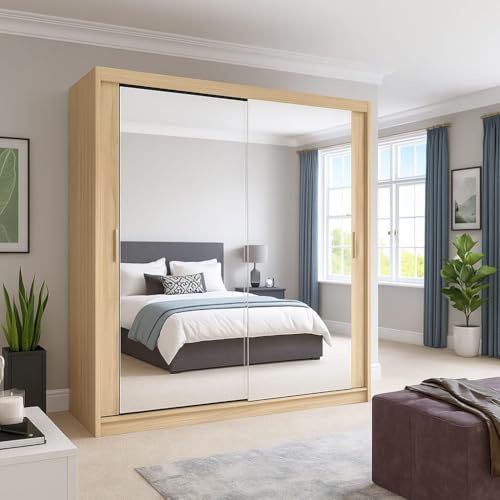ALASKA Sliding Mirror Wardrobe, 2-3 Doors, Multiple Sizes & 6 Colours Available 120/150cm/180cm/203cm/250cm White-Black-Grey-Walnut-Wenge-Oak (Oak, 180cm)