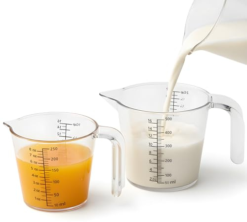 Laser-Etched Measuring Cup Set, 8 oz & 16 oz Clear Plastic Liquid Measuring Cups, Permanent oz/cup/Tbsp/mL Markings, Food-Grade for Baking & Cooking