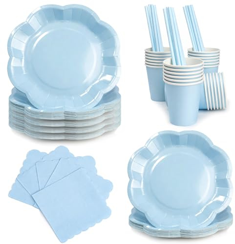 SYBYZF 125 Pcs Light Blue Party Plates and Napkins Set | Scalloped Disposable Paper Plates Tableware for 25 Guests, Elegant Party Supplies for Baby Shower, Birthday, Bridal Shower