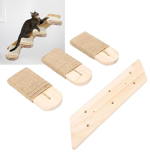 Yechiry Cat Climbing Shelf, Wall Mounted 3 Tier Wooden Cat Stairway Ladder with Hemp Scratching Rope Pet Supplies for Pets Furniture Home Decoration Easy Wall Installation