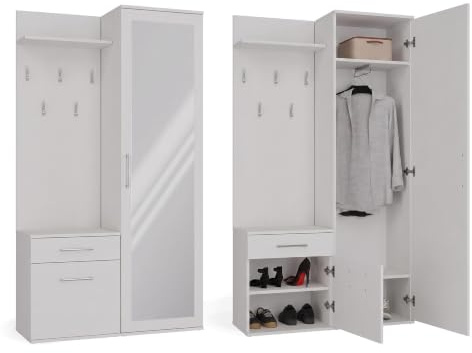 CDF Garderobe mit Spiegel Schrank Flurgarderobe Flurschrank und Schublade Ablage Dielenschrank Kleiderschrank Schuhschrank Haken Garderobenschrank für Jacken Schuhe Stehend Flur – Duo Weiß