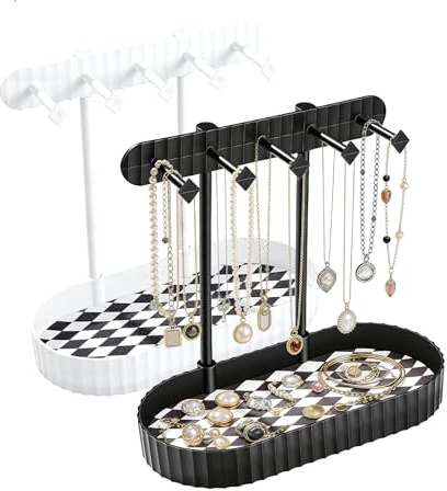 Smyckesträd för kvinnor, smyckesorganisatör med 5 krokar, örhängeshållare, smyckeshållare för halsband, örhängen, ringar, vit och svart, 2 st