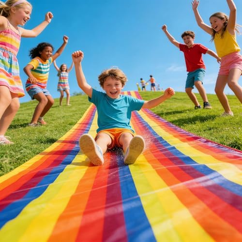 Kawiithn Wasserrutsche Garten 11 mx1,4 m, Regenbogen Rasenrutsche Matte Kinder mit Befestigungsnägeln, Reißfestes Slip and Slide für Sommer, Outdoor Wasser Spielzeug für Hinterhof Party