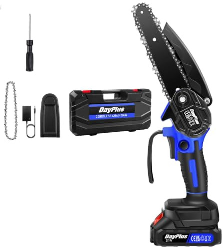 Cordless Mini Chainsaw 6 Inch Handheld Electric Chain Saw & Case for Tree Pruning, Trimming, Branch Cutting with 2 Battery Blue