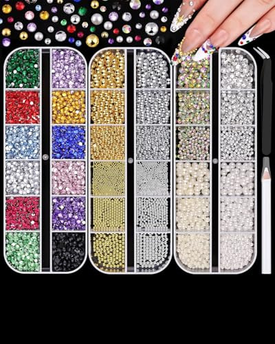 YIPFEN 3 Scatole Brillantini Strass per Unghie 12 Griglie Miste con Perline, Glitter e Strumenti Nail Art - Kit Completo Professionale per Decorazioni Fai da Te Scintillanti