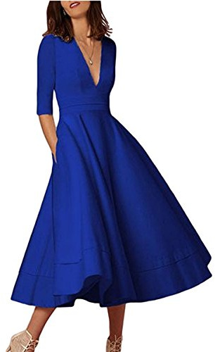 Mujer Vintage Vestidos Elegante Manga 1/2 Cuello en V Profundo Color Puro Vestir de Cóctel Fiesta Noche Midi Swing Dress Azul ES 40