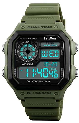 FeiWen Fashion Relojes de Pulsera de Unisex Deportivo Digitales 50M Impermeable Outdoor Militar LED Electrónica Doble Tiempo Alarma Multifuncional Plástico Reloj con Goma Correa (Verde)