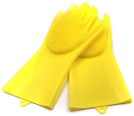 Silicone Dish Scrubber Gloves Reusable Heat Resistant for Dish Washing Cleaning Kitchen Bathroom Car Washing Large Non-Latex Sponge Gloves in Trendy Colors (Yellow)