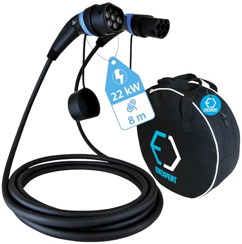 EVEXPERT Premium Ladekabel TYP 2 für EV Elektroautos PHEV | 32A | 1-3phasig | 5-8 Meter (3-phasig / 8 Meter) Kompatibel mit Model 3/S/X/Y, i3, ID.3, ID.4, ID.5, E-Tron, IONIQ 5, ZOE, Enyaq iV, 500e