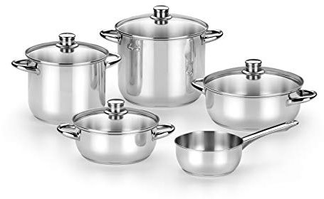 MONIX Optima Batería de 9 Piezas, Acero Inox, Apta para Todo Tipo de Cocina e Inducción, 18/10