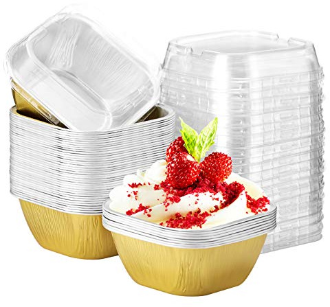 EUSOAR Lot de 50 moules à gâteau réutilisables en feuille d'aluminium avec couvercles, 8,9 x 6,9 x 4,1 cm, pour crème brûlée, crème brûlée, pudding à gâteau crème anglaise Doré