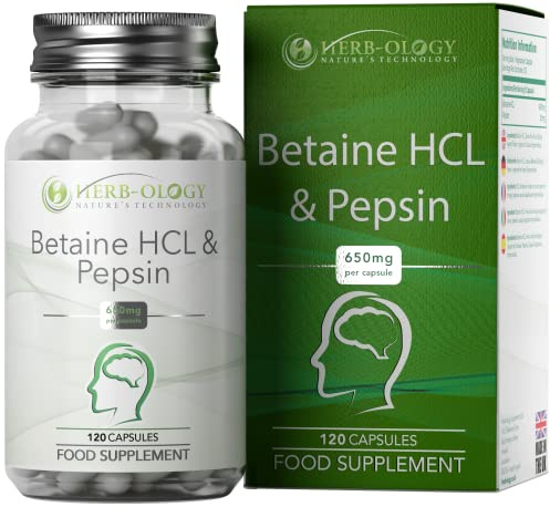 HB Betain HCL | 120 Hohe Festigkeit Betain HCL Pepsin Kapseln - 650mg Betaine Hydrochlorid Pepsin pro Kapsel | Gentechnik-, Gluten- und Allergenfrei