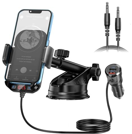 Bluetooth Car Adapter 3 in 1 FM Transmitter Car Radio Bluetooth Transmitter with Phone Holder, QC3.0 Fast Charging, Strong Microphone, HiFi Bass Sound, Hands-Free Call (Black)