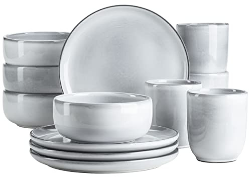 MÄSER Serie Livio, Frühstücksgeschirr Set für 4 Personen mit henkellosen Kaffeebechern, moderne nordische Formen, 12-teiliges Service, Steinzeug, Eisblau