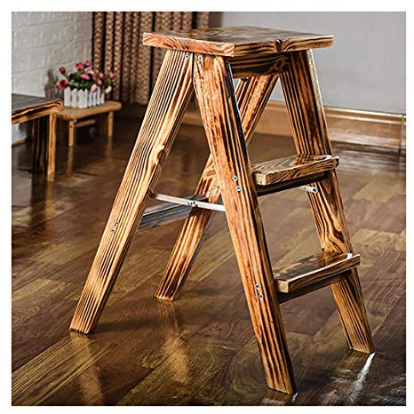 LEOSXA Tritthocker,Holzklappleiterhocker,Multifunktionale Trittleiter,Massivholz Esstisch Hochhocker,Küchenstuhl Tragbare Leichte Gartenwerkzeugleiter,Holzfarbe,37.5X56X70Cm/Vintage Color