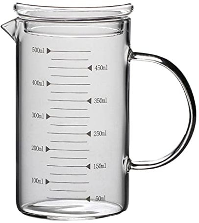Brocca graduata in vetro borosilicato, con coperchio e manico, beccuccio a V, per vino, latte, tè, caffè, cuoco (500 ml)