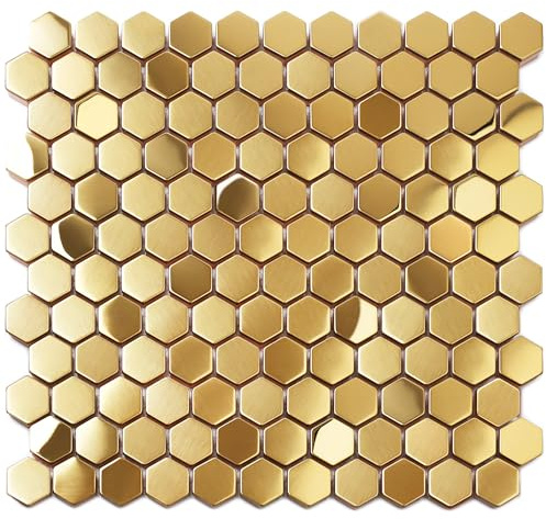 Blujellyfish Sechseckige Gold-Backsplash-Fliesen, Metall-Mosaikfliesen, Edelstahl, gebürstet, Spiegelfliesen, Küche, Badezimmer, Dusche, Boden, Wand, Akzentfliesen (1,5 m²)