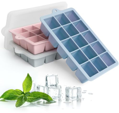 3 Stück 45 Fach Eiswürfelform Silikon Eiswürfelbehälter mit Deckel, Große Quadratische Eiswürfel 3.5cm, Ice Cube Tray für Whisky, Cocktails（Blau+Rosa+Grün）