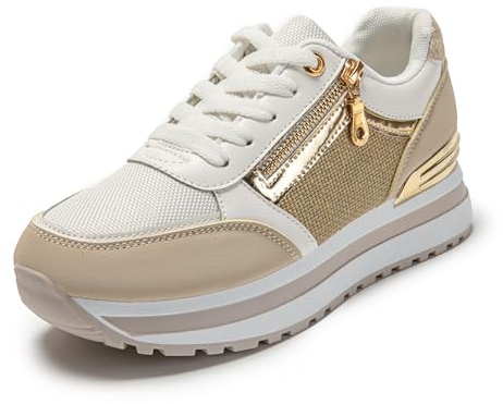 JOMIX Zapatillas con Plataforma para Mujer - Deportivas, Zapatos Cuña, Vestir - para Gimnasio, Caminata, Jogging, Fitness - Beige, 38 EU