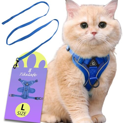 Tikxlafe Katzengeschirr mit Leine, 150 cm, Katzenleine mit Geschirr, Polyester, verstellbares Katzenleinen-Set, ausbruchsicher für Kätzchen (Blau, L)