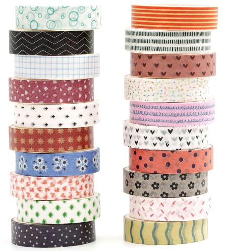 KAVI' S 20 Rollen Washi Tape Set Kreative Basic Dünn Dekorative Bänder für Kunst, DIY Handwerk, Bullet Journals, Planer, Scrapbooking, Verpackung (Collection 1-Vibrancy)