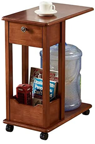 HASMI Couchtisch C-förmiger Beistelltisch aus Massivholz mit Rollen, mobiler Couch-Snack-Beistelltisch mit Klappschublade, Sofa-Nachttisch-Laptop-Ständer mit Ablagefach Kaffeetisch