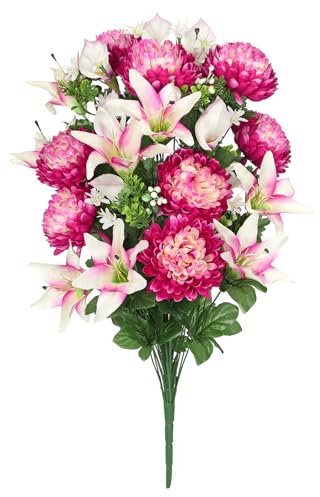 Arborus Artificial Flowers for Graves Artificial Memorial Flowers 25.9 Large Mixed Chrysanthemum Lily Artificial Flower Bouquet for Graves Artificial Silk Cemetery Flower for Grave Decorations