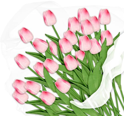 Relaxdays Tulipanes Artificiales, Pack 24 Flores Realistas, Ramo Decorativo, Plástico, 33,5cm de Largo, Rosa y Verde