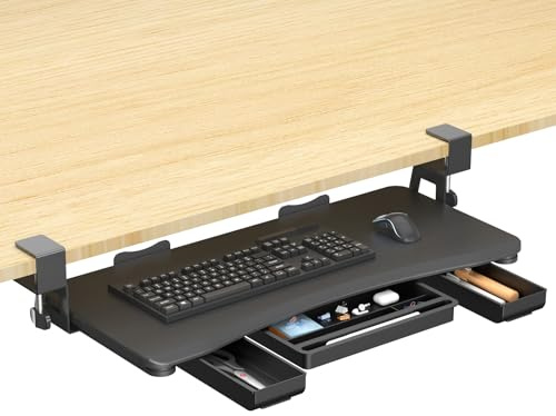 suptek Vassoio per tastiera sotto la scrivania con cassetto portaoggetti - Ampio spazio di lavoro 67,8 x 30 cm, supporto resistente con morsetto a C, altezza regolabile, facile installazione, perfetto