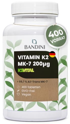 Bandini® Vitamin K2 MK-7 200µg (mcg) VEGAN | 400 Mikrotabletten | 1 Tablette pro Tag für 13 Monate | K2 rein natürliches Menachinon | trans >99,7% Vitamin K 2 | Blutgerinnung | hohe Dosierung