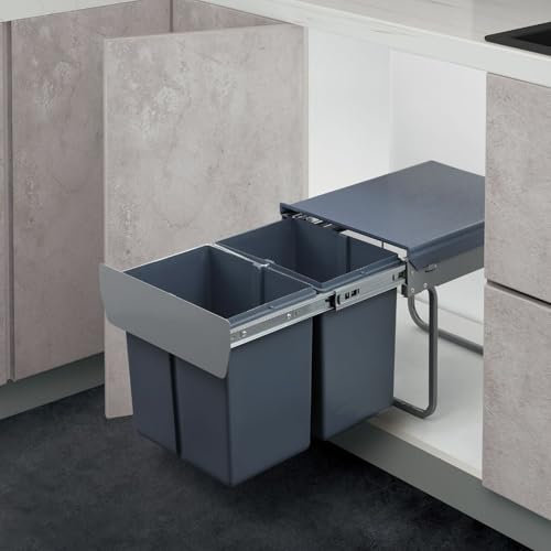 SanzIa Cubo de Basura Doble Extraible Bajo el Fregadero Doble Cubo de Basura Extraíble Bajo el Fregadero con Cierre Suave para Armario de Cocina, Cesto Oculto Lavadero(35x49x43cm)