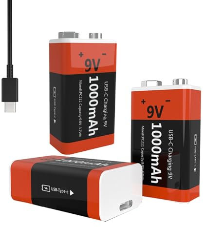 SpokeNation Pack de Batterie Rechargeable 9 V 1000 mAh, Batterie Li-ION 9 Volts avec Port de Chargement USB de Type C pour alarmes/Microphones sans Fil/Jouets/claviers et Plus Encore
