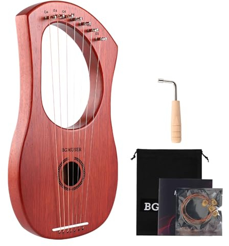 BGMUSER Lyre Harp 7 Strings with Bag,Tuning Wrench,Metal Strings, Mahogany Body and Bone Saddle,Mini Harp Instrument for Beginner
