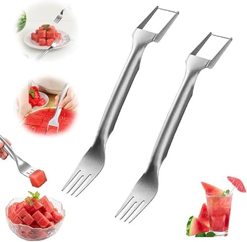 Watermelon Fork Slicer Cutter, Stainless Steel 2-in-1 Watermelon Fork Slicer, Dual Head Fruit Forks Knife, Portable Watermelon Fork, Watermelon Cutter Tool for Home Party Camping Kitchen Gadget (2)