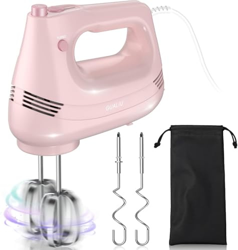 Elektrischer Handmixer mit Edelstahl Schneebesen, Knethaken, Elektrische Handrührer,Turbo Boost /5 Geschwindigkeit, Handrührgerät für Backen Kuchen, Eier Sahne Lebensmittel-Mixer (PINK)