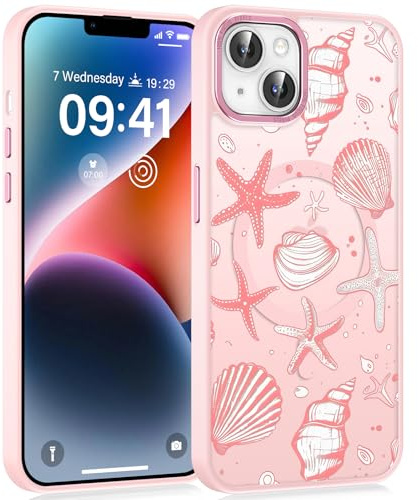Yirlbey Magnetiskt mobiltelefonfodral för iPhone 14/iPhone 13 6,1 tum fodral, kompatibelt med MagSafe, aesthetic rosa snäckskal motiv design flickfodral, matt PC tunn TPU stötsäkert skyddsfodral skydd