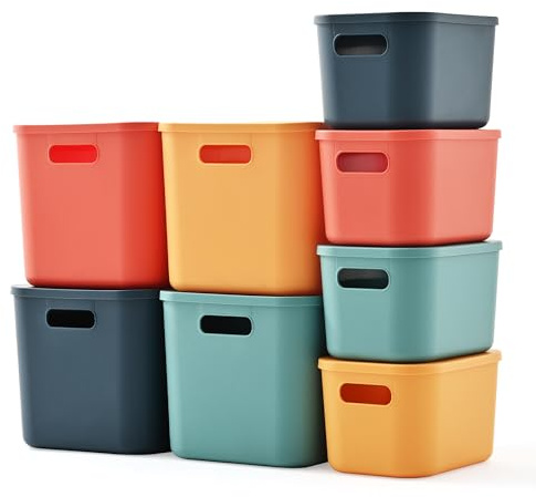 HapiLeap Plastic Storage Boxes with Lids, Stackable Storage Basket 8 Pack | Colorful Plastic Storage Containers For Organizing Shelves Pantry Drawers Desktop Closets Office Bathroom Classroom