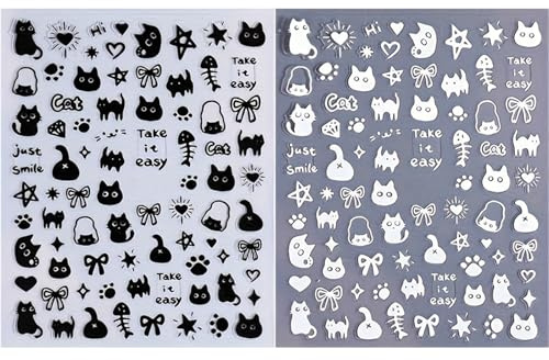 Canollo 2 Blätter Schwarze und Weiße Kitten Nagelsticker, Stereoskopisch Selbstklebend Kitten Nail Art Sticker, Nagelaufkleber für Frauen, Mädchen, Nagelzubehör, Festival Geschenk