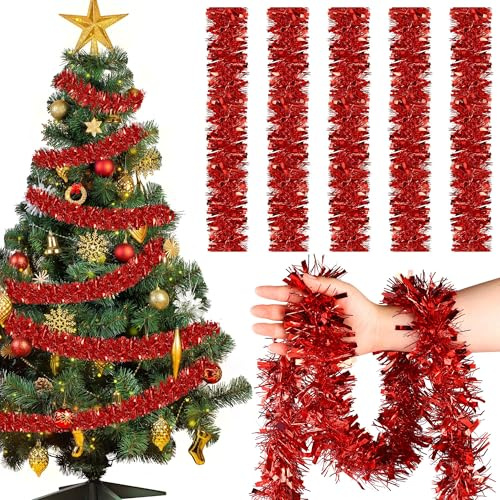 12M x 1 Stück Weihnachtsbaum Girlande Glitzer,9cm Weihnachtsgirlande Lametta,Rot Weihnachten Deko Girlande für Weihnachten,Weihnachtsbaum Dekorieren