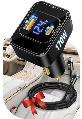 TENTEK 170W Zigarettenanzünder USB C, KFZ Ladegerät USB C, Auto Ladegerät, Für IPhone17 IPad Air S24 S25 Drohne, 2 Port PD3.1 Schnelle Aufladung, Schnellladeadapter 12V 24V Mit LED Voltmeter, Schwarz