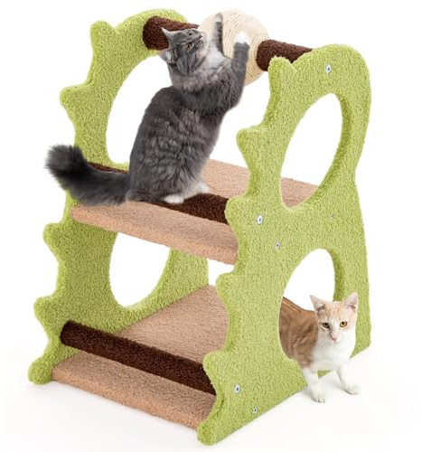 GYMAX Torre para Gatos con Diseño de Dinosaurio, Arbol de Escalada de 2 Niveles, Rascador con Bola de Sisal Giratoria, Peluche, Escalera Integrada, para Gatitos