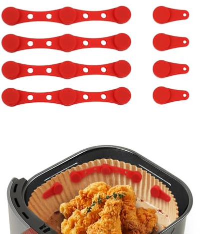 FIohiros 8 Pack Air Fryer Silicone Magnet Clips, Air Fryer Accessories Heat-Resistant Safety Buckle Secures Parchment Liners Prevent Paper from Burning Food Covers Fits All Basket Models (Red)