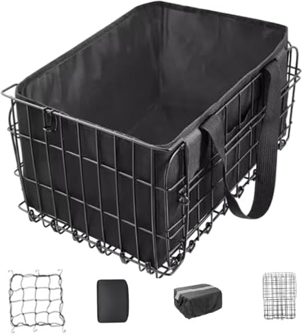 DAGLLGEW Bike Basket Rear, 15x11x8 Foldable Rear Bike Basket with Reflective Board, Liner Bag, Waterproof Cover, Cargo Net and Box for Carrying Pets, Fruit & Grocery Ebike