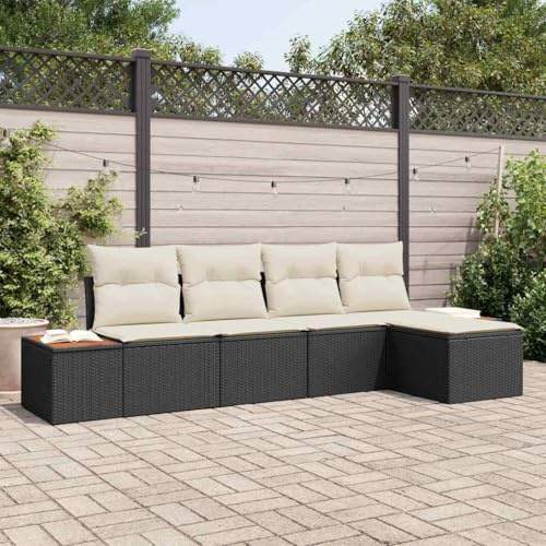Teenpull Garten-Sofa-Set 5-teilig aus Polyrattan, Schwarz-Creme, 184x62x85 cm, modulares Outdoor Loungeset mit Kissen, UV-beständig für Terrasse & Balkon
