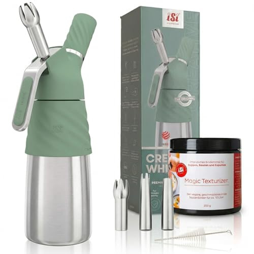 ISI Creative Whip Premium Sahnespender 500ml, Wave Green, aus Edelstahl, inkl. 3 Edelstahltüllen & Magic Texturizer, Sahnespender für Sahne, Dessert & Herzhaftes, Spülmaschinenfest